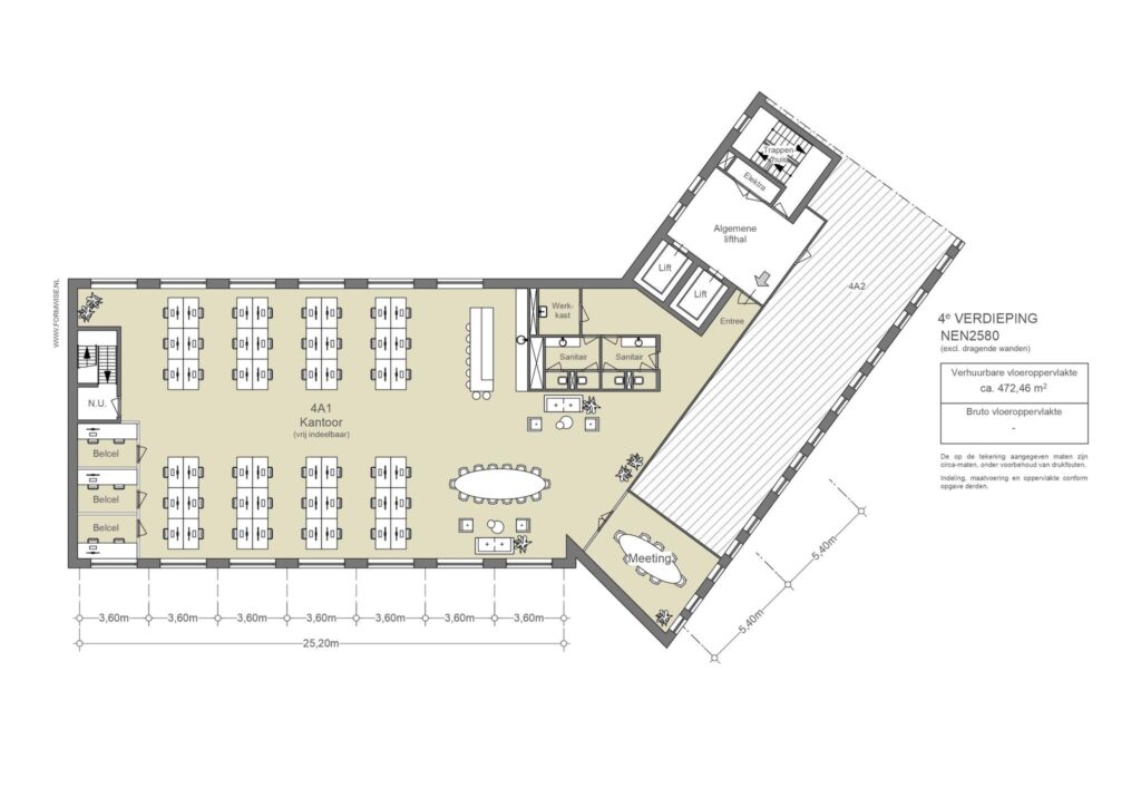 Floor plan of the 4th floor office space at Johan Cruijff Boulevard, showing workstations, meeting rooms, and facilities.